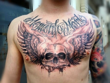 Mens Memento Mori Skull With Wings Chest Tatoto