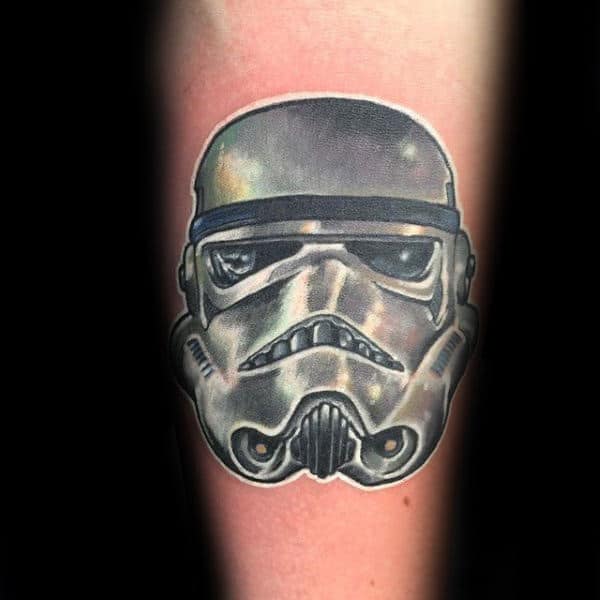 Mens Metallic And White Ink Stormtrooper Helmet Small Tattoo Ideas