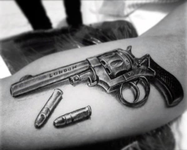 Mens Metallic Piston With Bullets Tattoo On Forearms