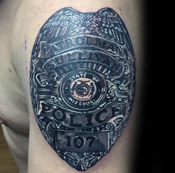 Mens Metallic Realistic Police Tattoo Design On Upper Arm