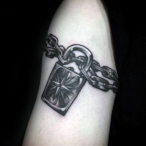 Mens Metallic Shaded Lock With Nautical Star And Chain Tattoo On Arm