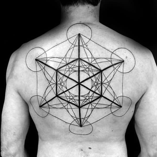 Large back tattoo of Metatron’s Cube with clean black lines and precise geometry, creating a powerful and symmetrical sacred design.