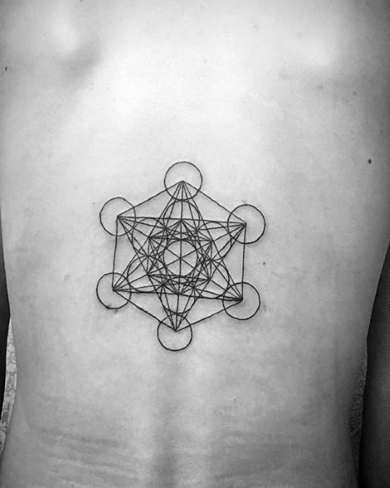 Simple Metatron’s Cube back tattoo with fine black lines and clean symmetry, centered between the shoulder blades for a balanced look.