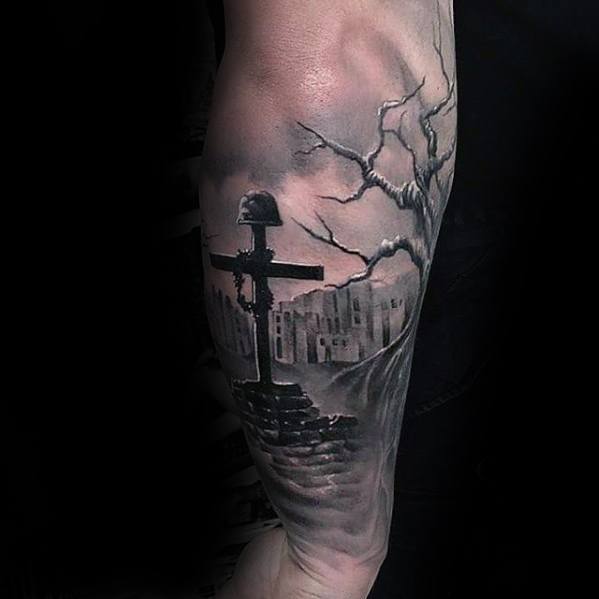 Mens Military Fallen Soliders Cross Unique Forearm Tattoo