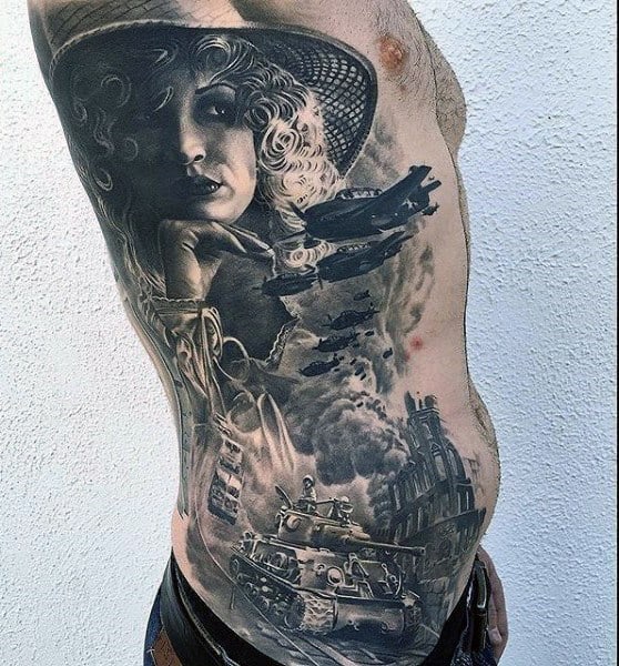 Mens Military Themed Different Full Rib Cage Side Realistic Tattoo