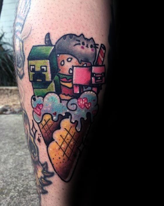 Colorful tattoo of a Minecraft Creeper, pig, and cat stacked in a whimsical ice cream cone, blending pixel art with kawaii elements.