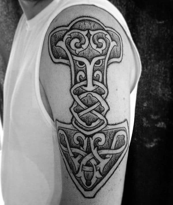 Mens Mjolnir Dotwork Arm Tattoo