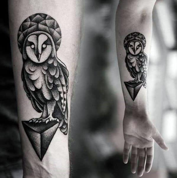 Mens Modern 3d Geometric Owl Inner Forearm Tattoo