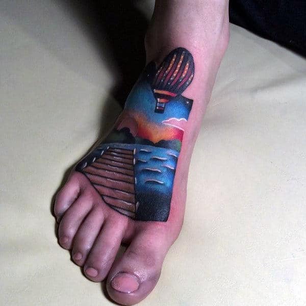 Mens Modern 3d Hot Air Balloon Foot Tattoos