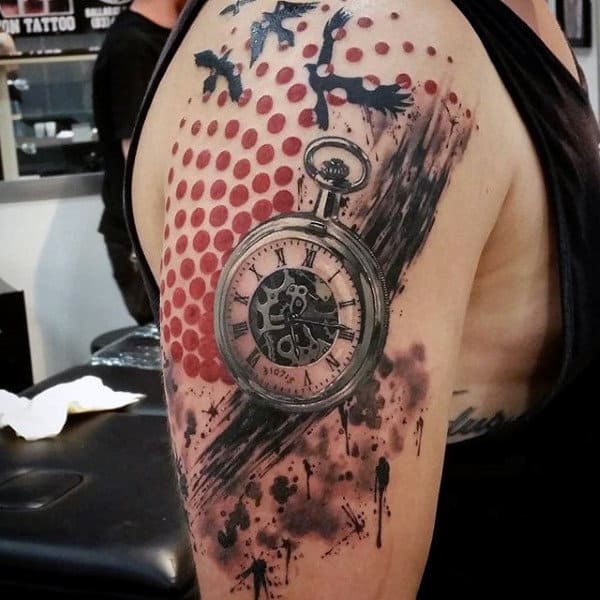 Mens Modern Art Pocket Watch Tattoo On Arms