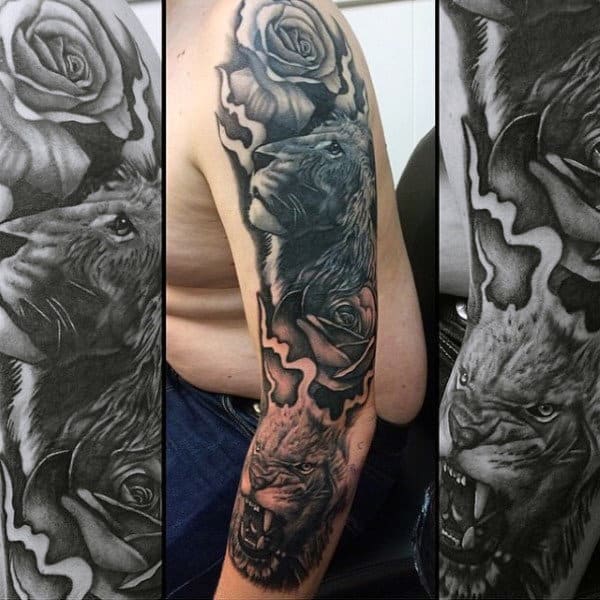 Mens Modern Lion Themed Full Sleeve Tattoo Designs