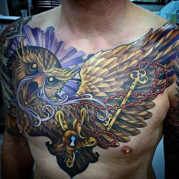 Mens Modern Owl With Key Upper Chest