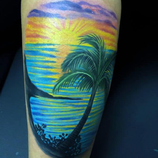 Mens Modern Palm Beach At Sunet Tattoo On Forearm
