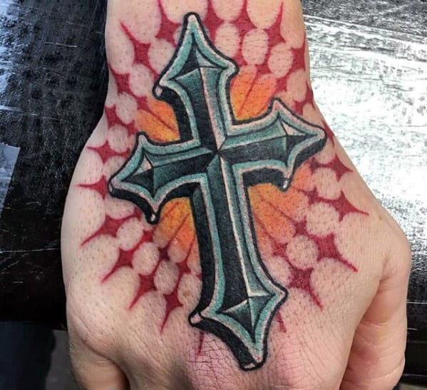Mens Modern Sun Rays 3d Cross Badass Tattoo Design On Hand