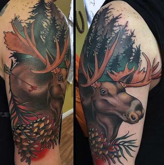 Mens Moose With Arrow Nature Forest Upper Arm Tattoo Ideas