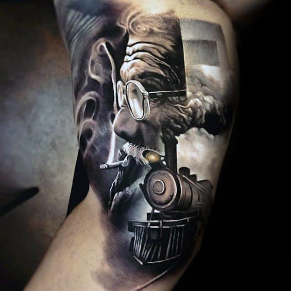 Mens Morph Train With Old Man Portrait Inner Arm Bicep Tattoo Design Inspiration