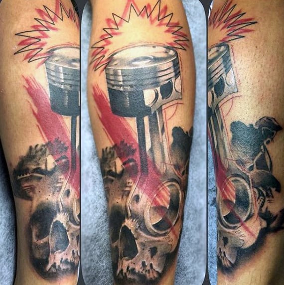 Mens Motocross Tattoos Of Piston And Skull On Arm