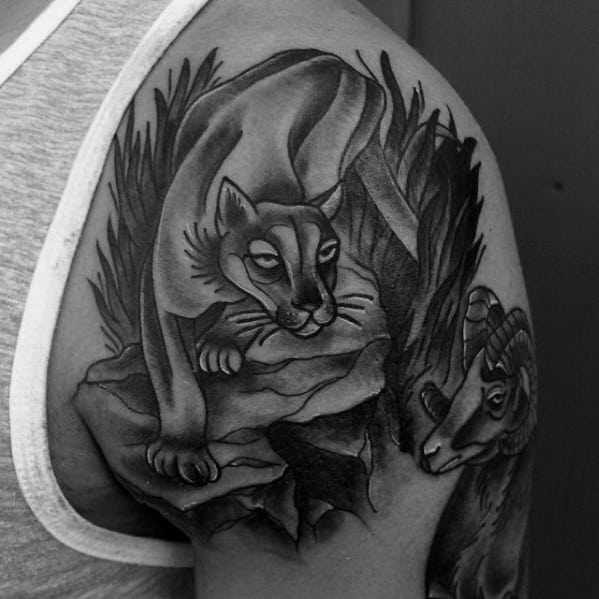 Mens Mountain Lion Tattoo Shaded Black And Grey Ink Shoulder Design Inspiration