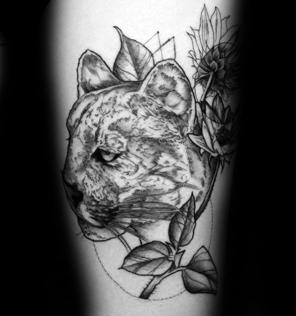 Mens Mountain Lion With Flowers Arm Tattoo Ideas