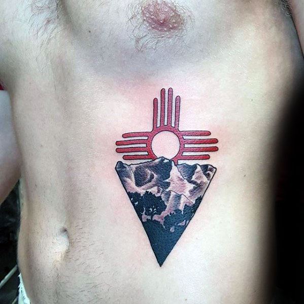 Mens Mountains Red Zia Tattoo Chest Design Inspiration
