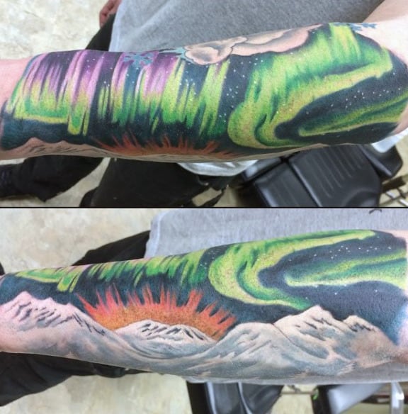 Mens Mountains With Rising Sun Northern Lights Forearm Sleeve Tattoos