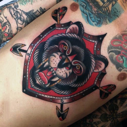 Mens Mounted Bear Head With Arrows Traditional Chest Tattoos