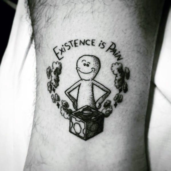 Black and white tattoo of Mr. Meeseeks from Rick and Morty standing on a Meeseeks Box with smoke around, and 'Existence is Pain' above.