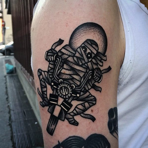 Mens Mummy Riding Motorcycle Upper Arm Tattoo Ideas