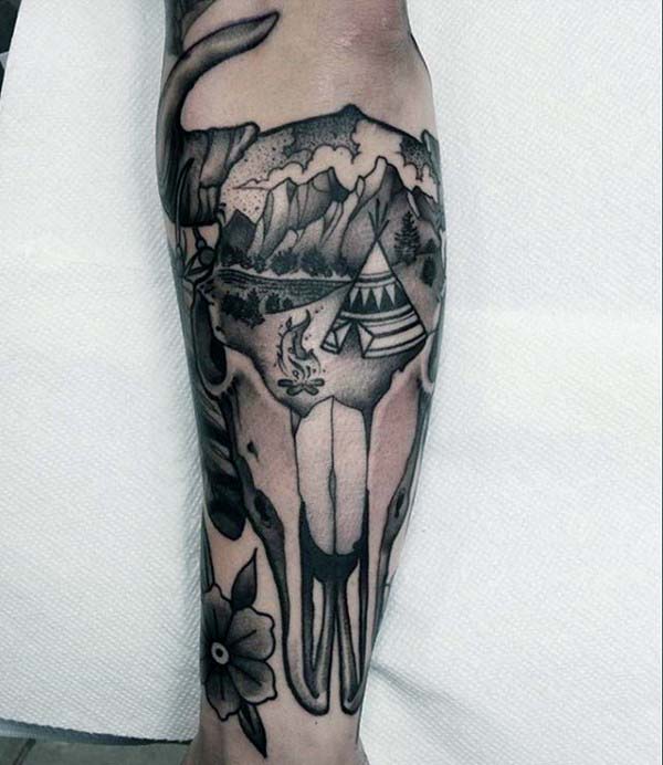 Mens Native American Forearm Old School Bull Skull Landscape Tattoo Design