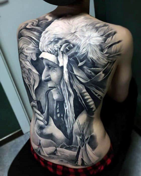 Mens Native American Indian Badass Realistic Back Tattoo