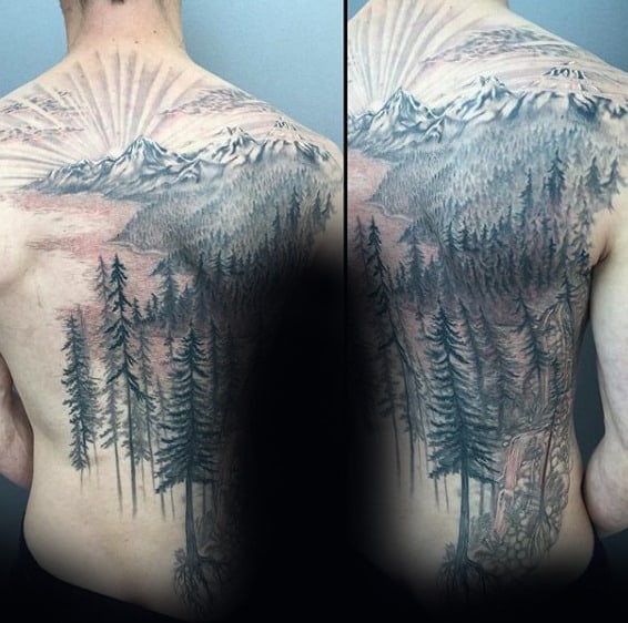 Mens Nature Forester Tree Back Tattoo With Rising Sun Design