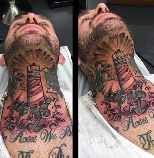 Mens Nautical Lighthouse Throat Tattoo Designs