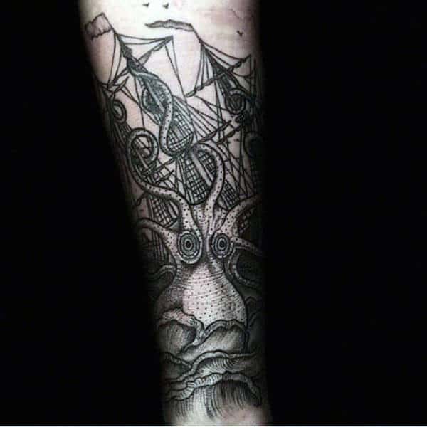 Mens Nautical Octopus And Ship Forearm Sleeve Tatoo Ideas