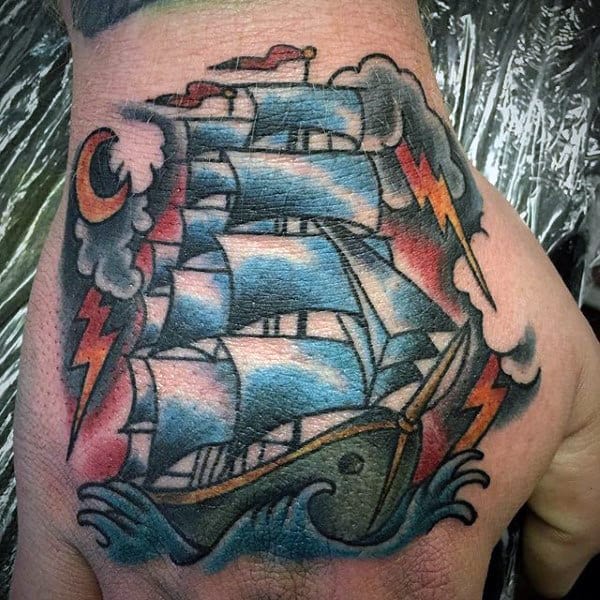 Mens Nautical Old School Sailing Ship Hand Tattoo Designs