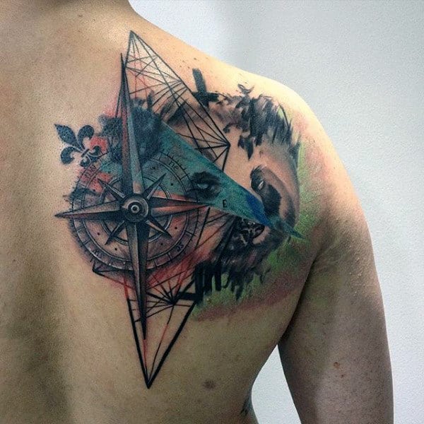 Mens Nautical Star With Panda Abstract Shoulder Blade Tattoos