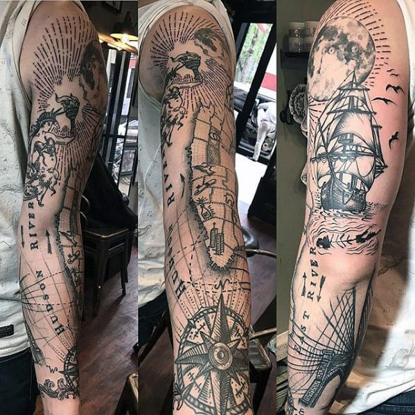 Mens Nautical Themed Seagull Full Arm Tattoo