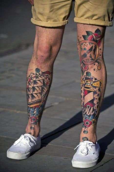 Mens Nautical Themed Traditional Leg Tattoos