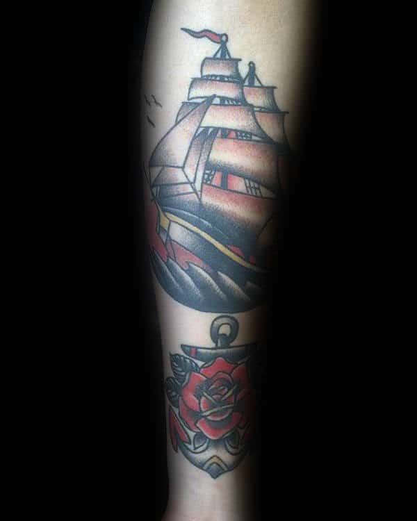 Mens Nautical Themed Traditional Rose And Ship Inner Forearm Tattoos