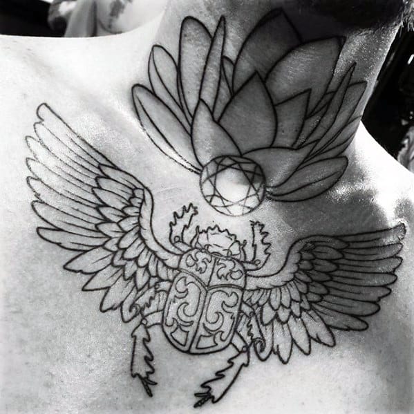 mens neck and upper chest scarab bettle black ink outline tattoo