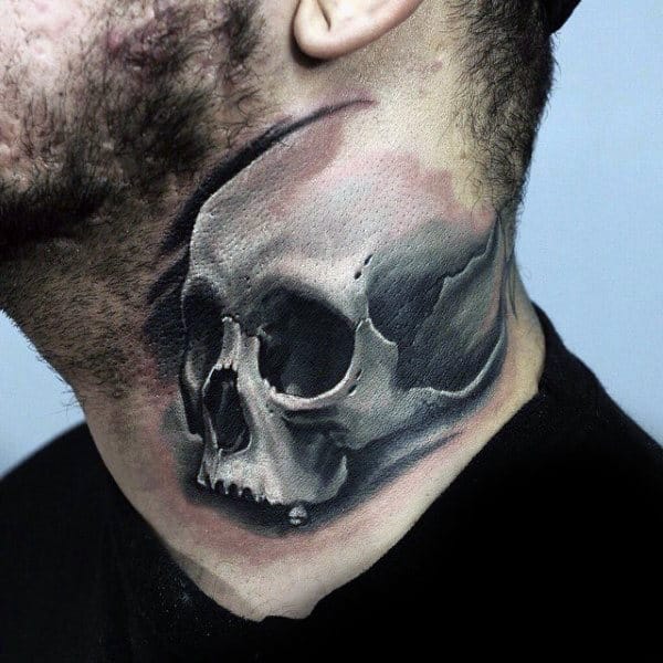 Mens Neck Black And White Skull Tattoo