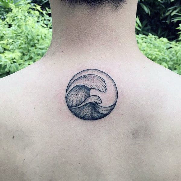 Mens Neck Tiny Circular Surf Tattoo