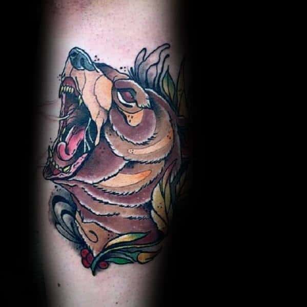 Neo-traditional bear tattoo featuring a roaring bear with stylized fur patterns, bold outlines, and decorative leaves with red berry accents.