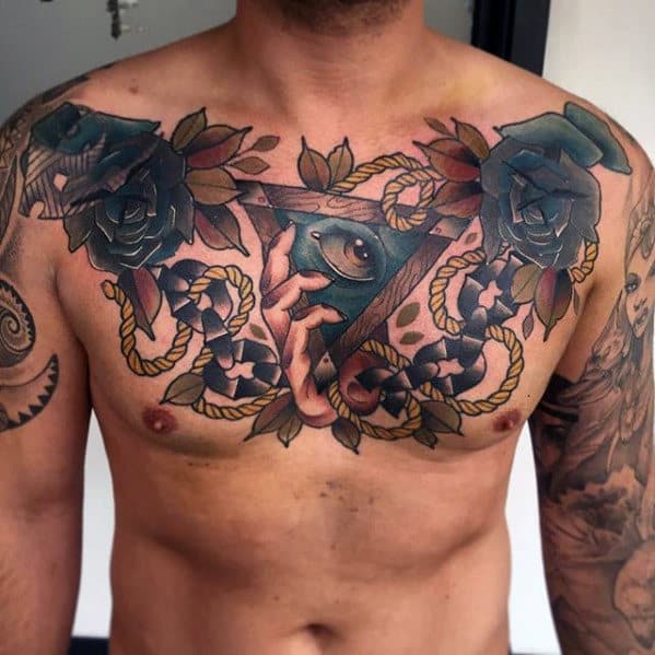 Mens Neo Traditional Chest Chains With All Seeing Eye Cool Tattoos