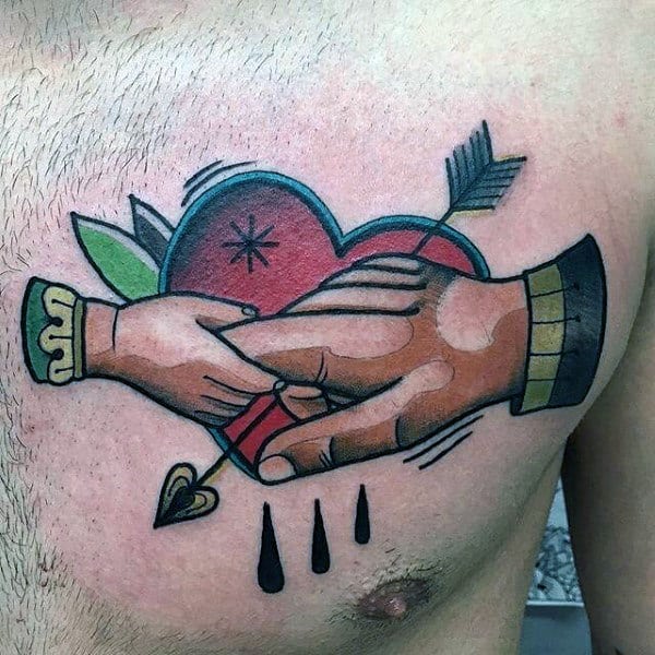 Mens Neo Traditional Colorful Hands With Heart Upper Chest Tattooo