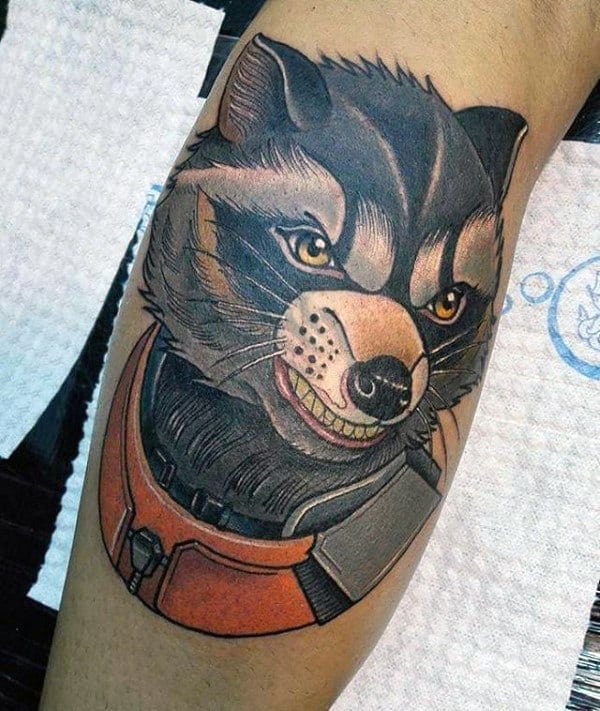 Mens Neo Traditional Raccoon Astronaut Leg Calf Tattoos