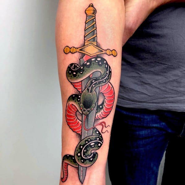 Neo-traditional tattoo of a black and red snake coiled around a dagger, featuring bold outlines, rich shading, and striking color contrasts.