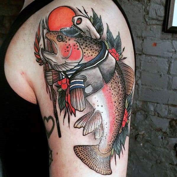 Mens Neo Traditional Trout Sailor Themed Arm Tattoo