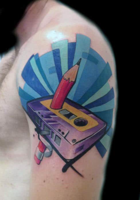 Mens New School Cassette Tape Upper Arm Tattoo Designs