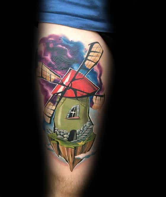 Mens New School Colorful Windmill Tattoo On Thigh