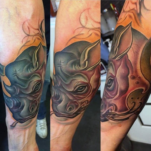 Mens New School Rhino Forearm Tattoo Designs
